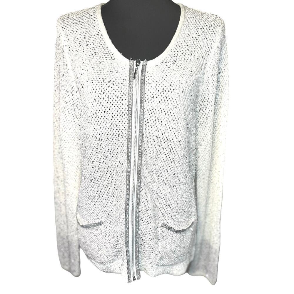 Laura Ashley large ladies white open knit silver sequent pocket‎ zip cardigan